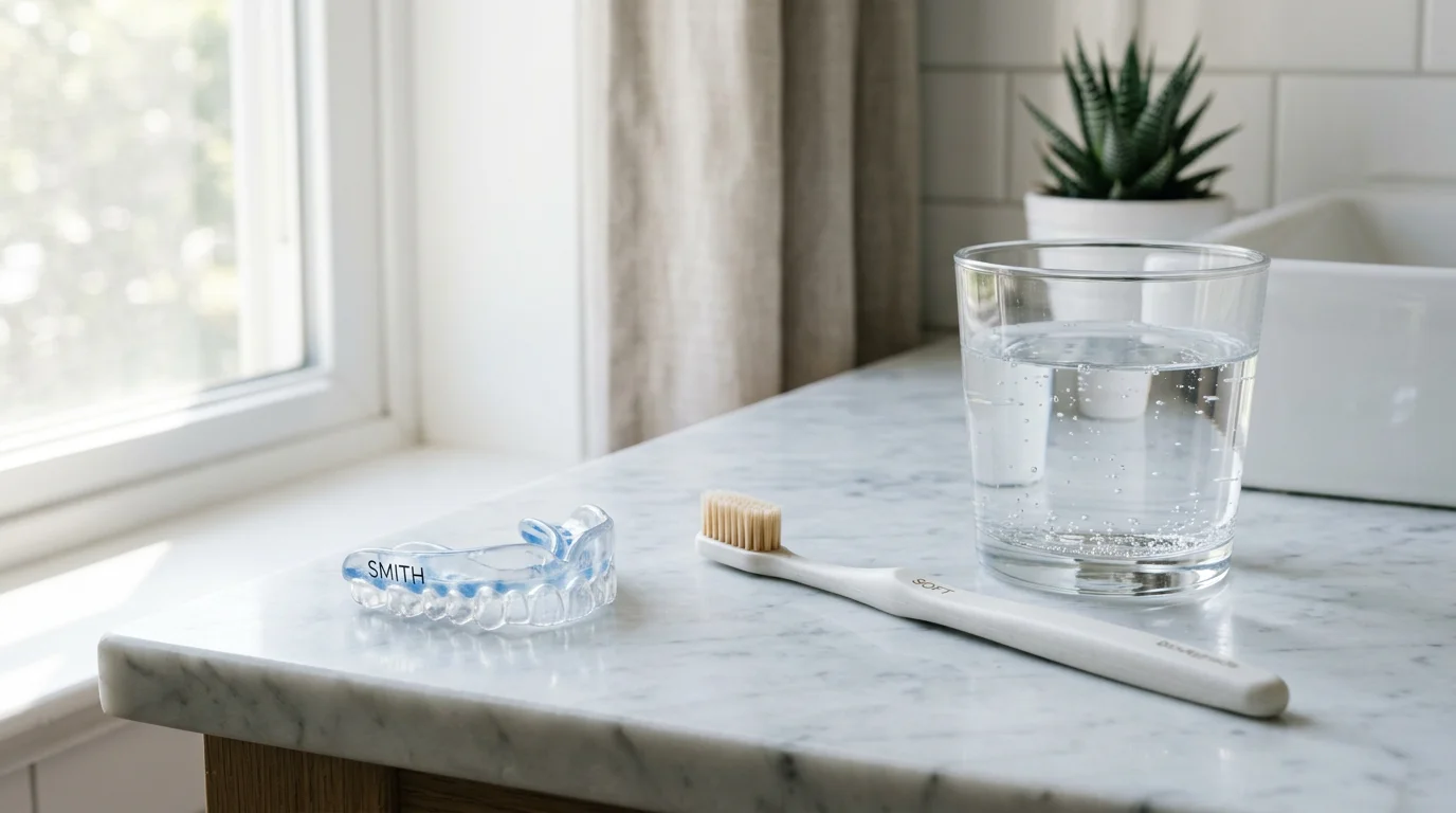Protector bucal junto a un cepillo de dientes suave y un vaso de agua para su limpieza
